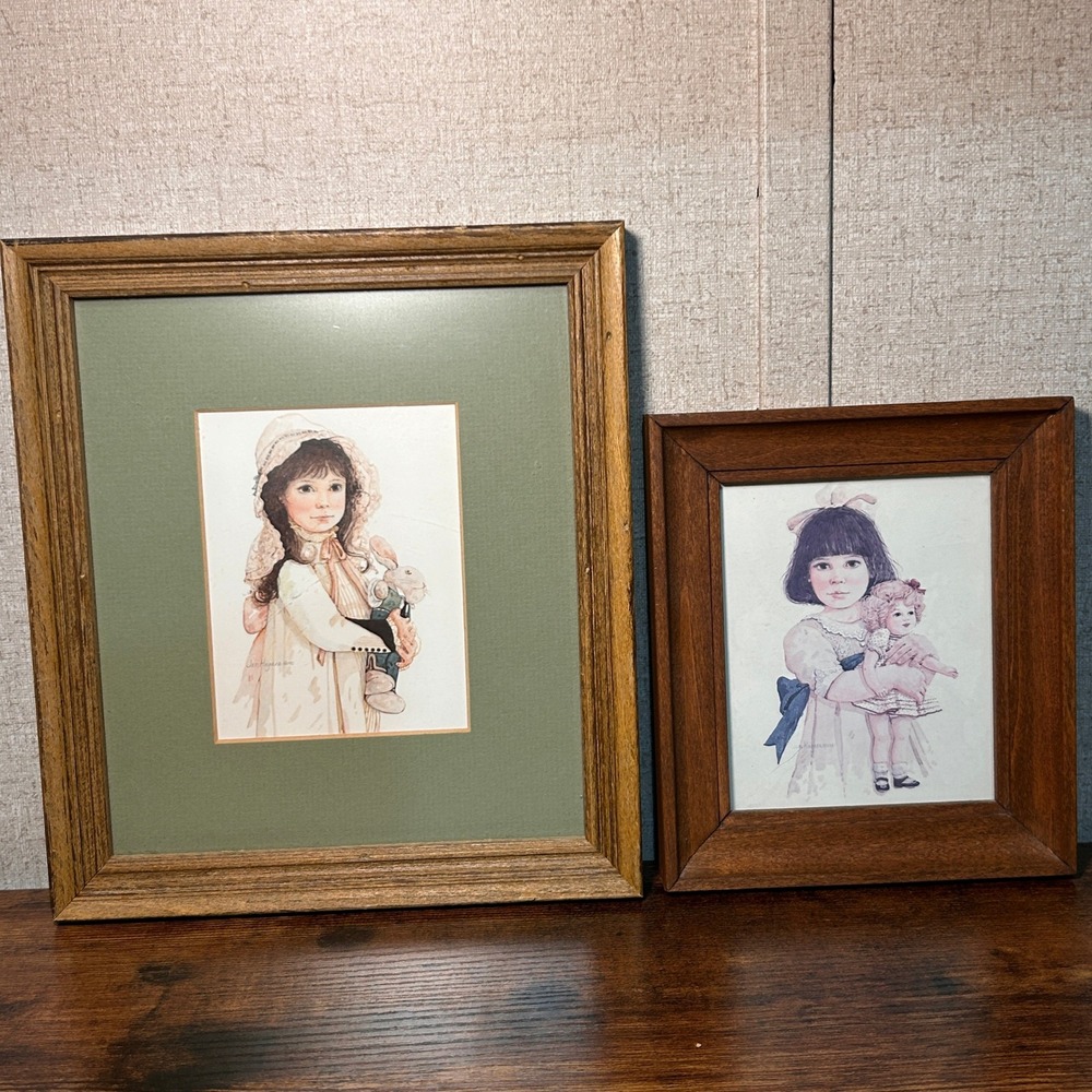Two Vintage Jan Hagara  Watercolor Prints Girls with Toys Custom Framed "Lana"